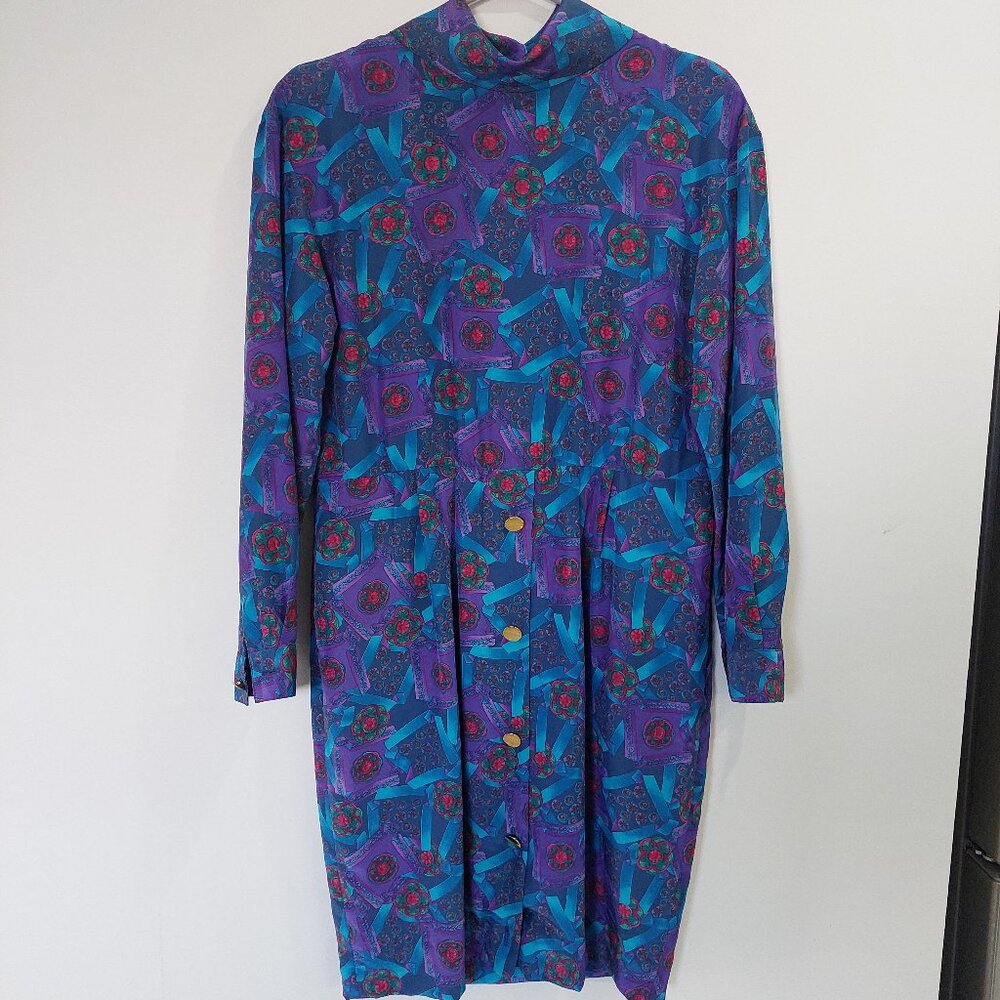 Vintage ROUIE Retro Psychedelic Purple with Gold Buttons Secretary Dress Size 6